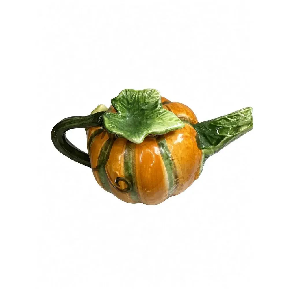 Hand Painted Ceramic Pumpkin Teapot, Vintage Fall Serveware, Orange Green